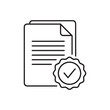 © Vector IMG - Line icon of a certified document with an approval seal and checkmark representing quality guarantee verified contract and successful validation process vector stroke