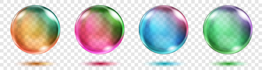 Wall Mural - Set of four translucent spheres of rainbow colors with highlights and shadows on transparent background, vector illustration for design projects and creating creative works.