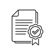 © Vector IMG - Line icon of a certified document with a ribbon seal and checkmark representing an official guarantee license or approved quality standard certificate vector stroke