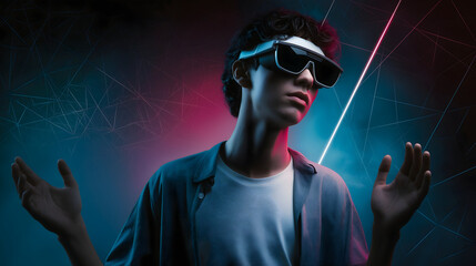 Aufkleber - A young man wearing futuristic VR glasses interacts with a digital network in a neon-lit, high-tech environment.