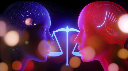 Poster - Two futuristic humanoid heads, one blue and one red, face each other with a glowing balance scale symbol between them, representing AI ethics and decision-making.
