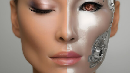 Aufkleber - Half-human, half-robot face split vertically, showcasing the fusion of human skin and robotic metal components with a detailed mechanical eye.
