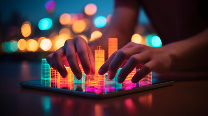 Poster - Hands interact with a glowing holographic cityscape projected from a tablet, set against a blurred, colorful light background.