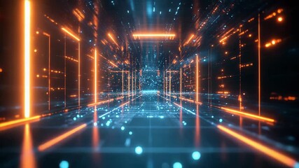 Poster - Futuristic digital tunnel with glowing neon lines and dynamic data particles