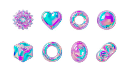 Poster - Iridescent 3D Geometric Shapes Collection in Pastel Holographic Colors on Transparent