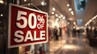 © Hallo Assets - Close up of a fifty percent off sale sign hanging in a store window