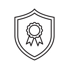 Poster - Quality guarantee shield icon with ribbon seal representing warranty certification standard assurance and best product or service promise line vector stroke
