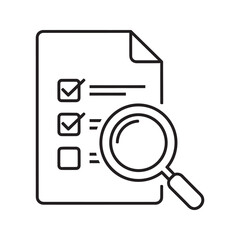 Poster - Document audit icon with magnifying glass over a checklist representing inspection review research analysis and quality control verification line vector stroke