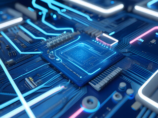 Wall Mural - Close-up of a blue circuit board with glowing blue and pink lines, showcasing a central microchip and electronic components.
