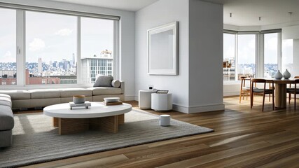 Poster - Spacious apartment boasts large windows offering stunning skyline views, complemented by a stylish modern design and cozy furnishings