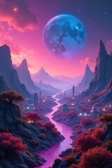 Wall Mural - A futuristic cityscape on a vibrant alien planet, reminiscent of Tel Aviv, with advanced architecture and glowing flora The sky displays unusual celestial formations , scifi, fantasy, innovation