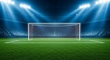 Soccer goal on green field under stadium lights grass