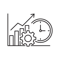 Poster - Productivity management icon with bar chart gear and clock representing efficient workflow business performance and time optimization line vector stroke