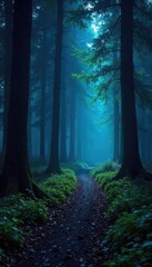 Wall Mural - Luminous forest path at night, glowing trees and ambient light illuminating the way through the woods Perfect for fantasy, nature, and mystical themes , mood, nighttime