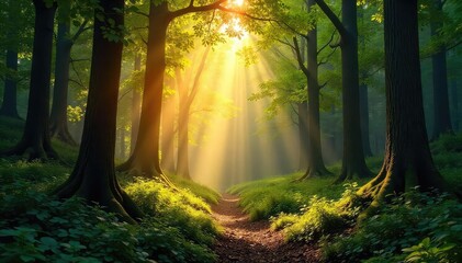 Wall Mural - Lush, vibrant forest scene at golden hour Sunlight filters through the dense canopy, illuminating the forest floor Perfect for nature, travel, and environmental themes , natural, woodscape, rays