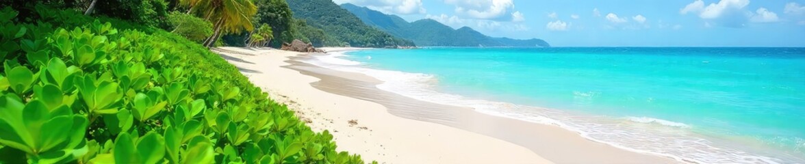 Naklejka na meble Lush green vegetation thrives on a pristine, sandy beach; turquoise waters gently lap the shore A tranquil, idyllic scene of nature's beauty , plants, relaxation, nature