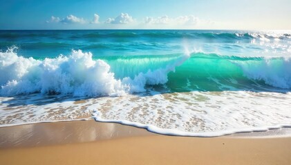 Wall Mural - Ocean waves crashing on a sandy shore, sea foam, blue water, sunlight reflecting, dynamic movement, powerful nature , powerful, aquatic