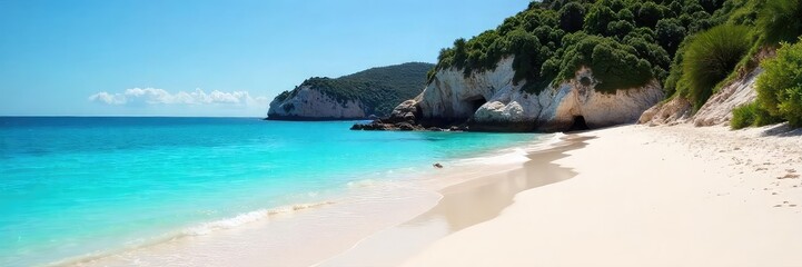 Wall Mural - Secluded cove with pristine white sand, turquoise water lapping gently against the shore, dramatic cliffs in the background Perfect for relaxation and escape , peaceful, turquoise