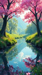 Wall Mural - Serene spring landscape reflecting in calm, glassy water Sunlight dapples the surface, highlighting budding trees and vibrant wildflowers A tranquil scene of renewal and rebirth , serene, growth