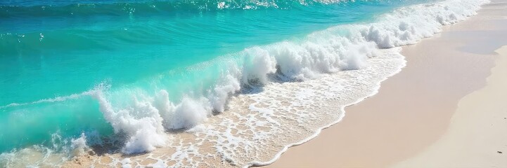 Wall Mural - Sun-drenched turquoise ocean waves crash against a pristine white sand beach, creating a mesmerizing spectacle of nature's beauty The vibrant water shimmers under the bright sunlight , scenery, crest