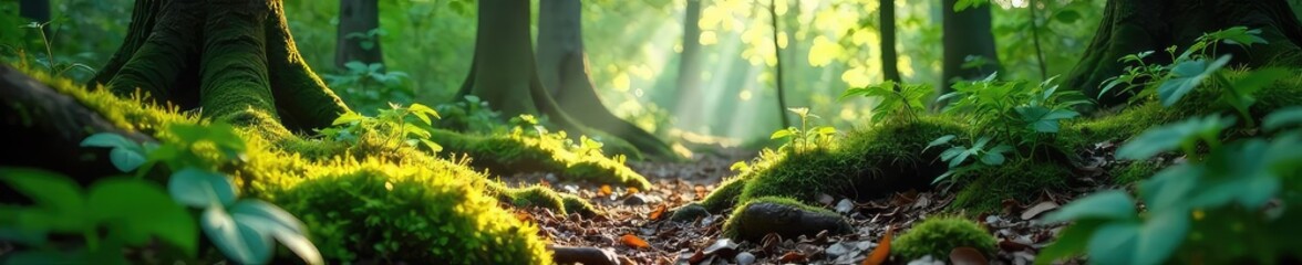 Wall Mural - Sunlight streams through lush green leaves onto a tranquil forest floor, dappled light illuminating vibrant moss and decaying logs A scene of untouched, natural beauty , rural, ecosystem