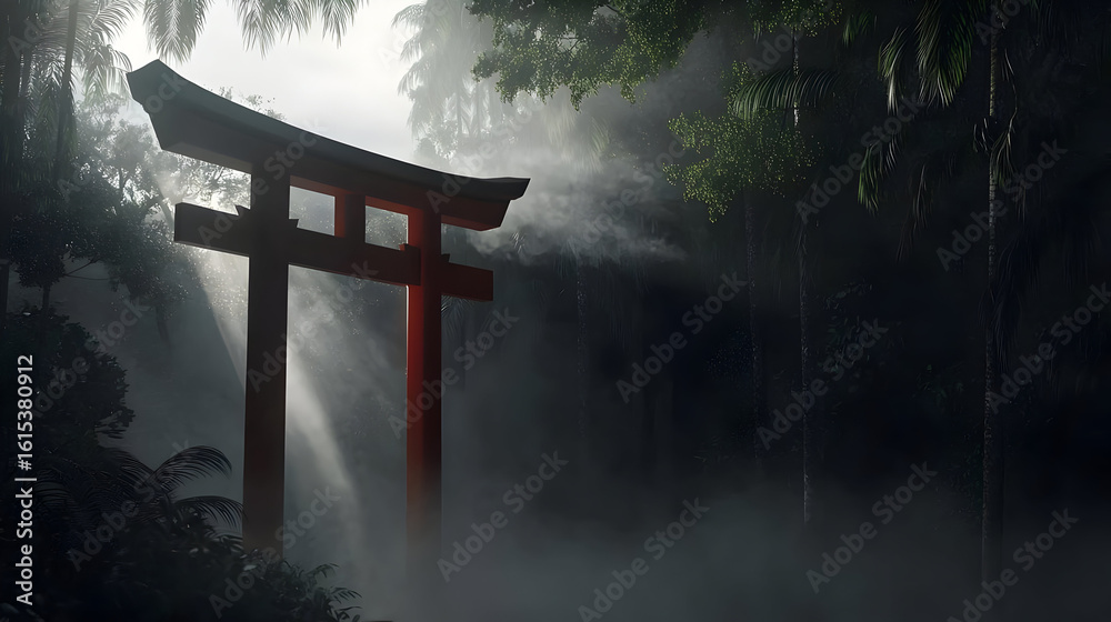 Misty forest scene with a vibrant red torii gate. Sunlight beams ...