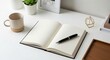 © kaowsar - Open notebook with pen and coffee mug on a desk