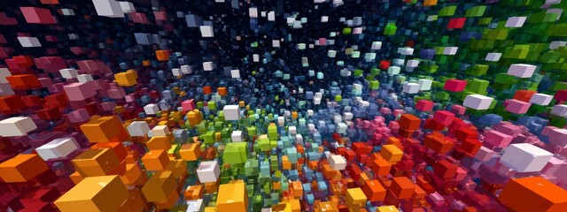 Poster - Colorful 3D Abstract Cube Animation in a Rotating Space World with Vibrant Blocks Floating Around