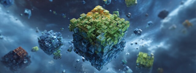 Poster - Stunning 3D Render of Floating Cubes in a Rotating World of Colorful Blocks in Infinite Space