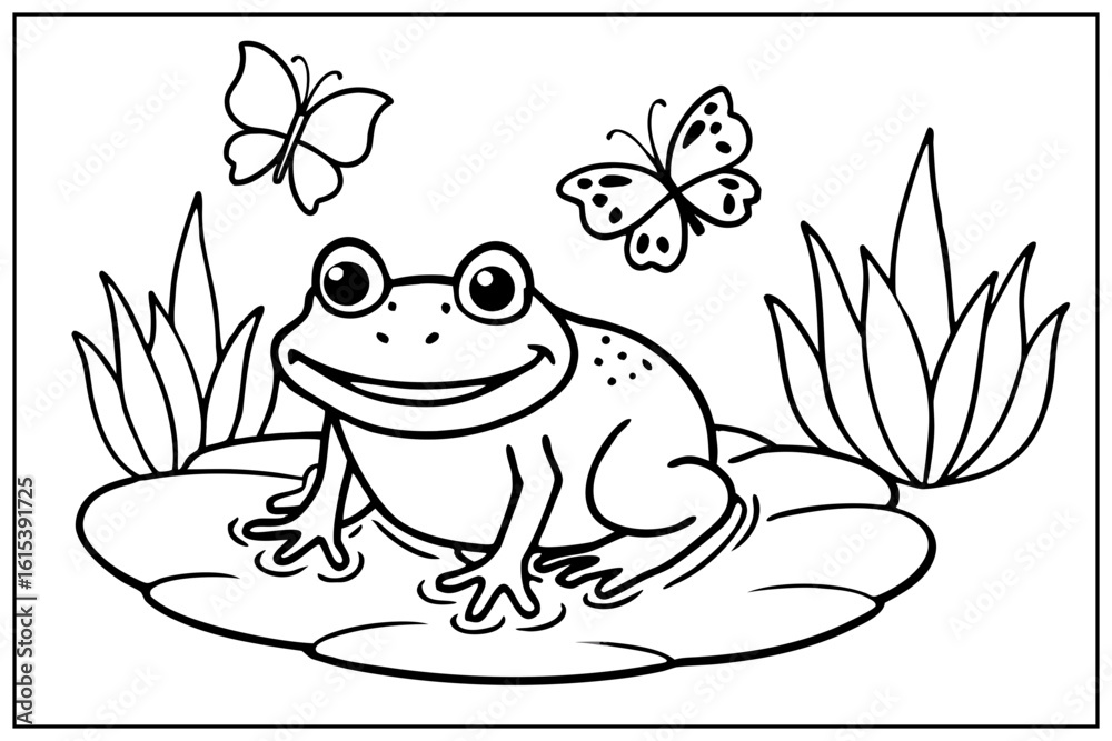 Cute Frog On A Lily Pad With Butterflies A Pond Life Coloring Page For ...