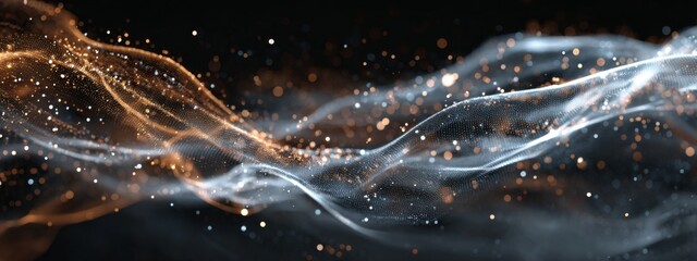 Poster - Abstract Light Wave Patterns Made of Particles Creating Ethereal Visual Depth in a Dark Background