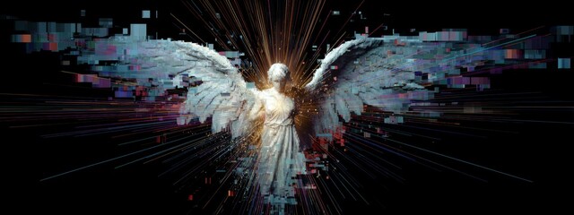 Poster - Ethereal Pixelated Angel with Winged Glory and Dramatic Light Burst in a Digital Glitch Aesthetic