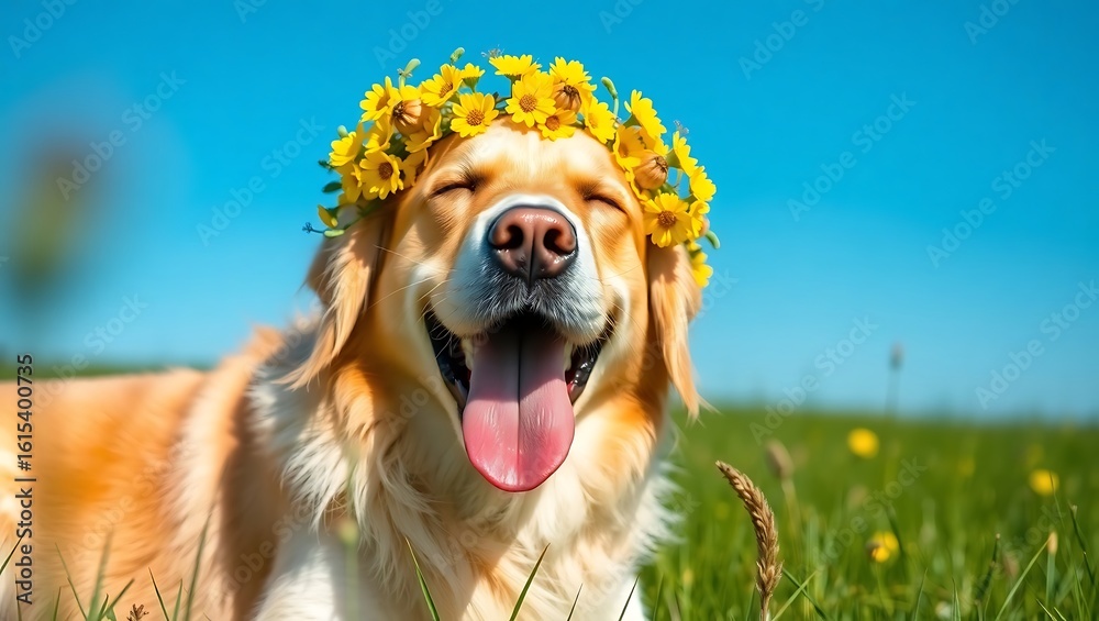 A golden retriever wearing a flower crown lying in a field of grass ...