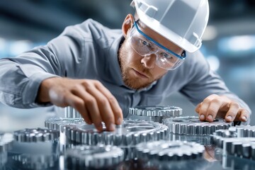 Poster - Engineer assembling metal gears in industrial workshop with safety gear and focused expression
