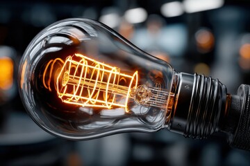 Poster - Vintage light bulb glowing brightly in a dark industrial background during daytime