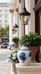 Poster - Bright coffee shop features blue and white porcelain, lanterns, and large windows for plenty of natural light