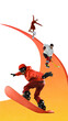 © master1305 - Contemporary collage of male snowboarder leading group of winter athletes on red-orange trail curve. Concept of sports campaigns, team motivation, athlete branding, fitness posters.