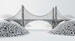 © VETRA PERMANA - A stylized bridge constructed from black letters and numbers connects two mounds also covered in scattered white and black characters, all on a stark white background