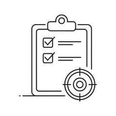 Poster - Line icon of a checklist on a clipboard with a target representing strategic task planning project goal management and successful objective achievement vector stroke