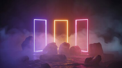 Poster - Three vibrant neon rectangles illuminate a smoky stage with scattered rocks, creating a futuristic and abstract scene