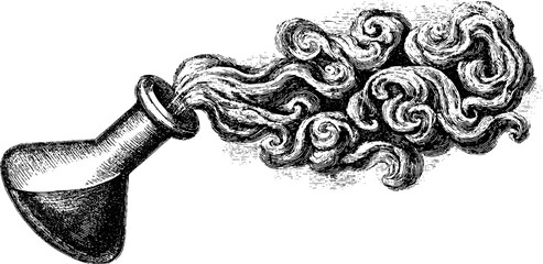 Poster - Engraved illustration of smoke from beaker. Vintage retro sketch, hand drawn with fine engraving.