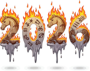fiery illustration of the year 2026, the year of the horse, with melting numbers and zodiac signs.
