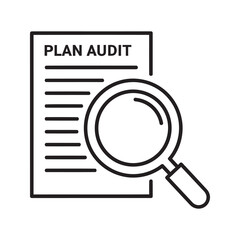 Poster - Plan audit document icon with magnifying glass representing business inspection financial analysis compliance review and strategy research process line vector stroke
