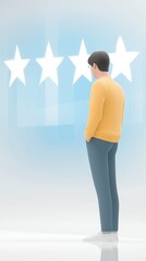 Poster - Illustration of a young man in a yellow sweater standing in front of five stars, contemplating ratings and reviews, reflecting on quality and feedback in a modern digital environment