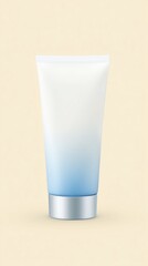 Poster - Cosmetic tube mock up with gradient blue design, featuring a sleek silver cap, placed on a soft beige background, ideal for beauty product branding and marketing purposes