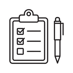 Poster - Task list icon with checklist on clipboard and pen representing project management planning survey form and to do list organization line vector stroke