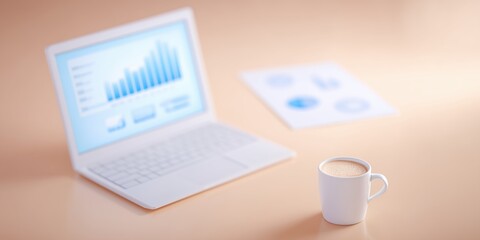 Poster - Laptop displaying financial graphs and charts beside a white coffee cup on a smooth surface, creating a professional workspace atmosphere for productivity and analysis