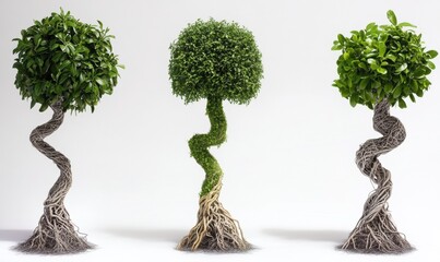 Three ornamental topiary trees with exposed roots on white background