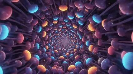Abstract futuristic tunnel of glowing interconnected spheres representing a digital network or neural pathway.
