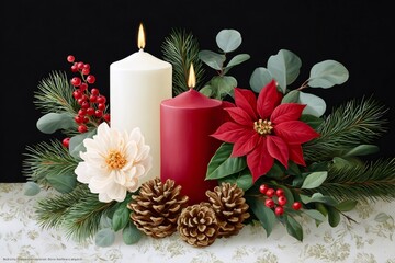 Wall Mural - christmas still life with poinsettia, candles, pine cones and berries illuminating the holidays